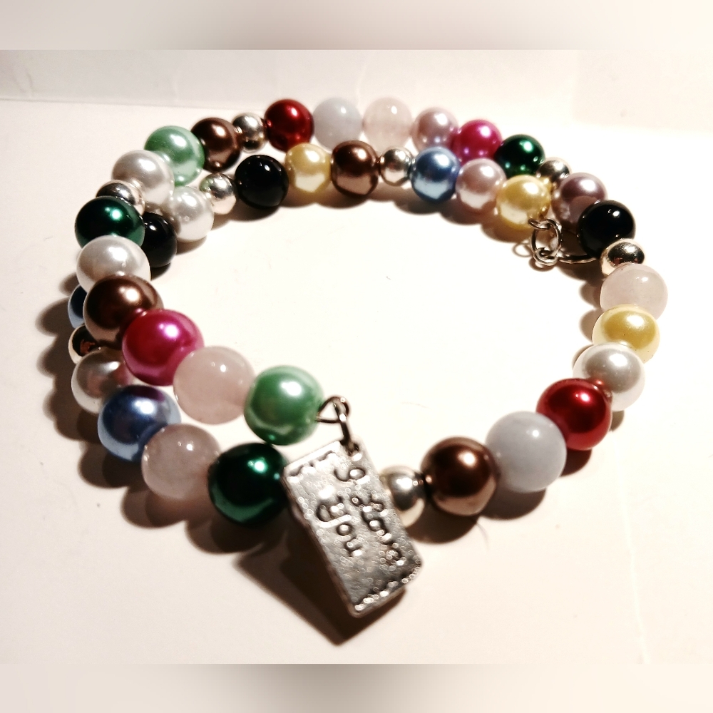 Multicolor Beaded Memory Wire Bracelet with Silver Charm